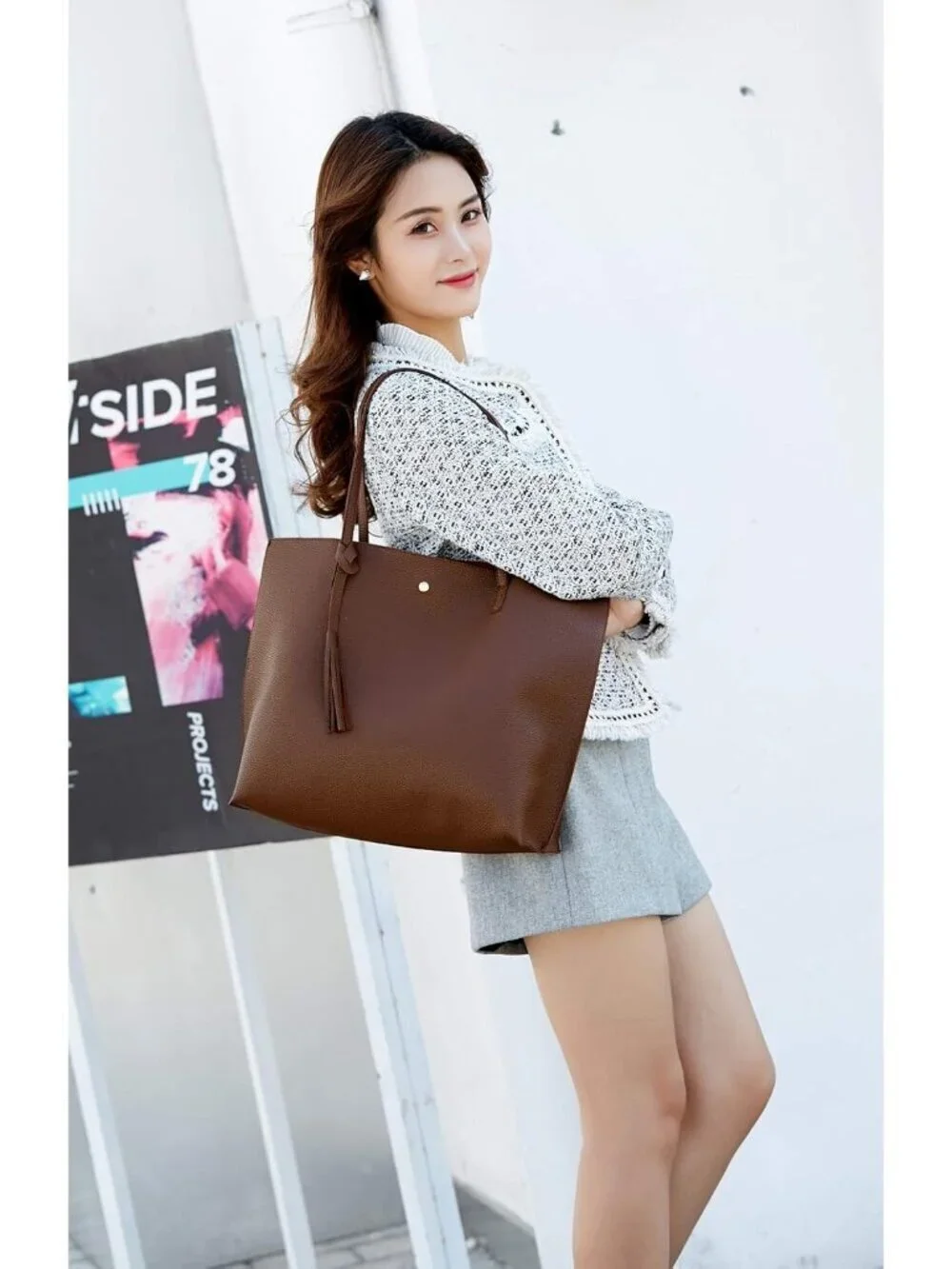 Women's Coffee Soft Faux Leather Tassel Style Handbag Tote Shoulder Bag